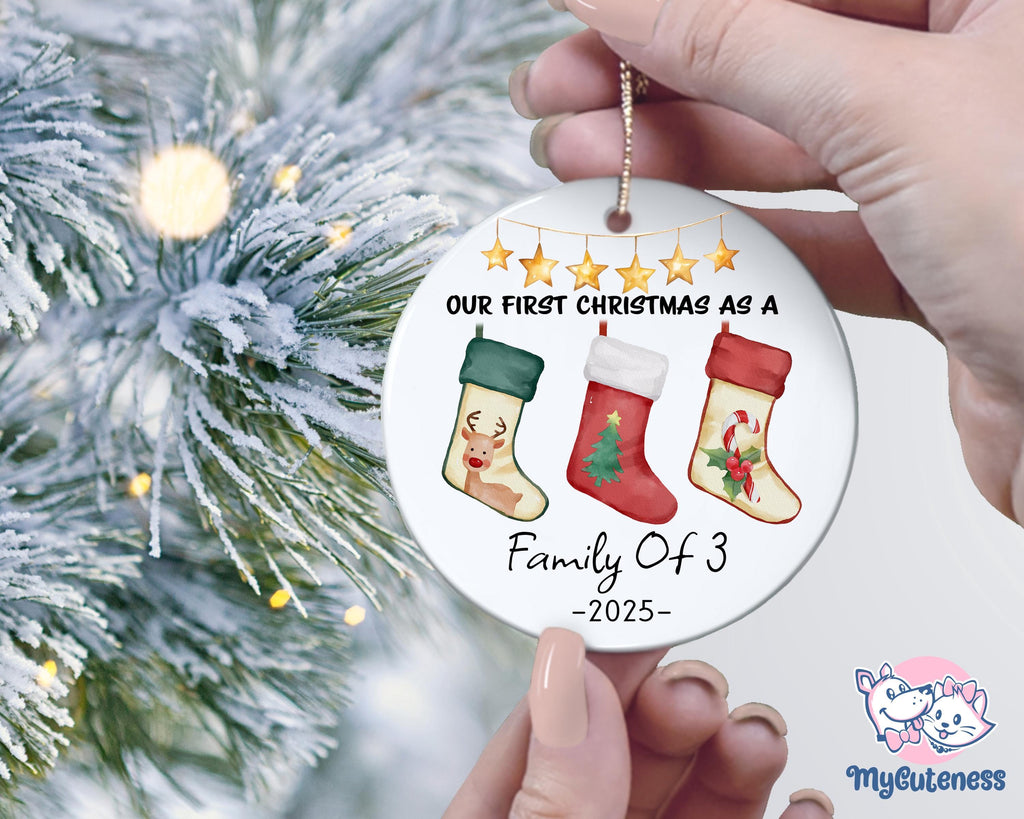 Personalised 2024 First Christmas as a Family of Three Bauble, Custom Family of 3 Xmas Ornament, New Baby, Keepsake Decoration, New Parents