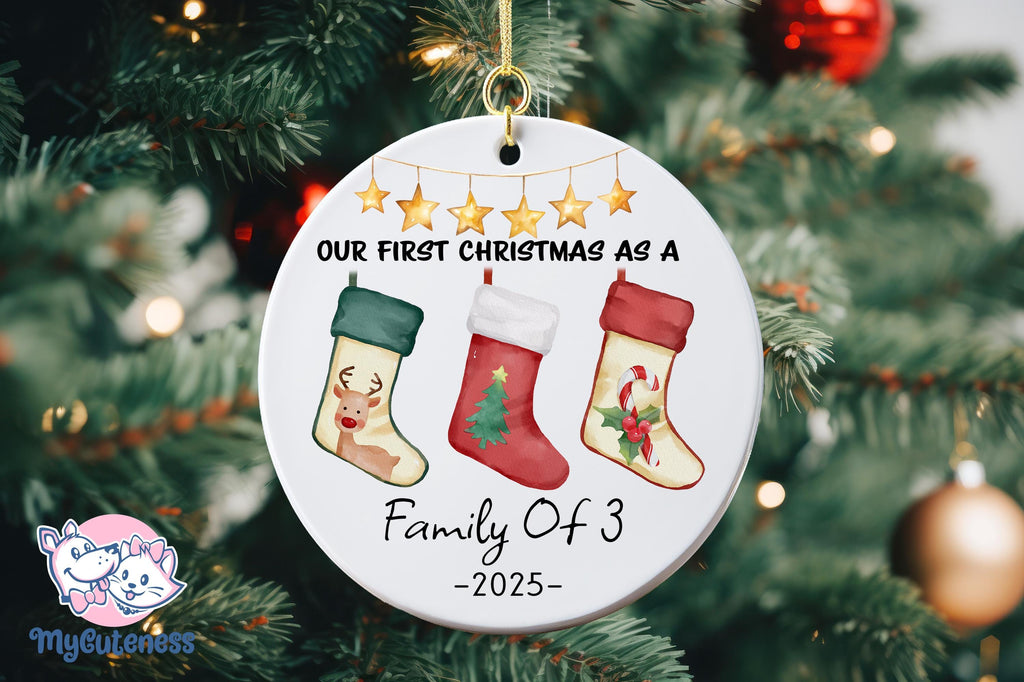 Personalised 2024 First Christmas as a Family of Three Bauble, Custom Family of 3 Xmas Ornament, New Baby, Keepsake Decoration, New Parents