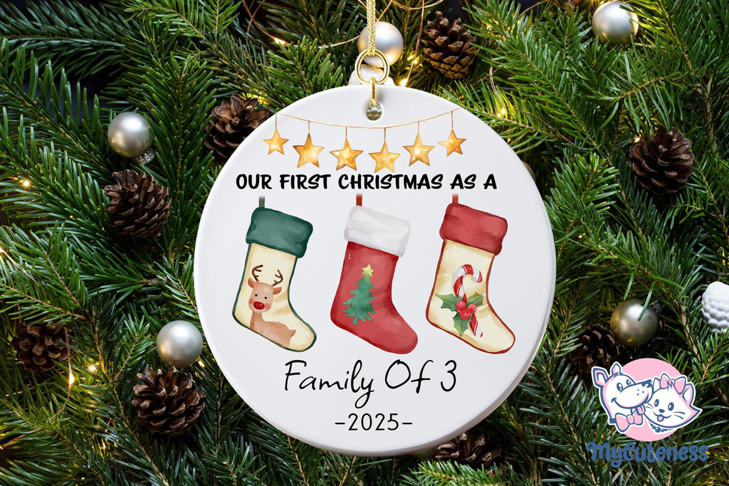 Personalised 2024 First Christmas as a Family of Three Bauble, Custom Family of 3 Xmas Ornament, New Baby, Keepsake Decoration, New Parents