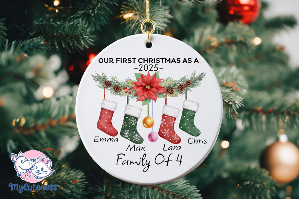 Personalised 2024 First Christmas as a Family of Three Bauble, Custom Family of 4 Xmas Ornament, New Baby, Keepsake Decoration, New Parents