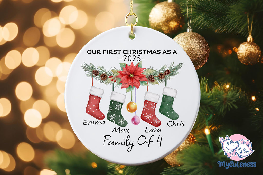 Personalised 2024 First Christmas as a Family of Three Bauble, Custom Family of 4 Xmas Ornament, New Baby, Keepsake Decoration, New Parents