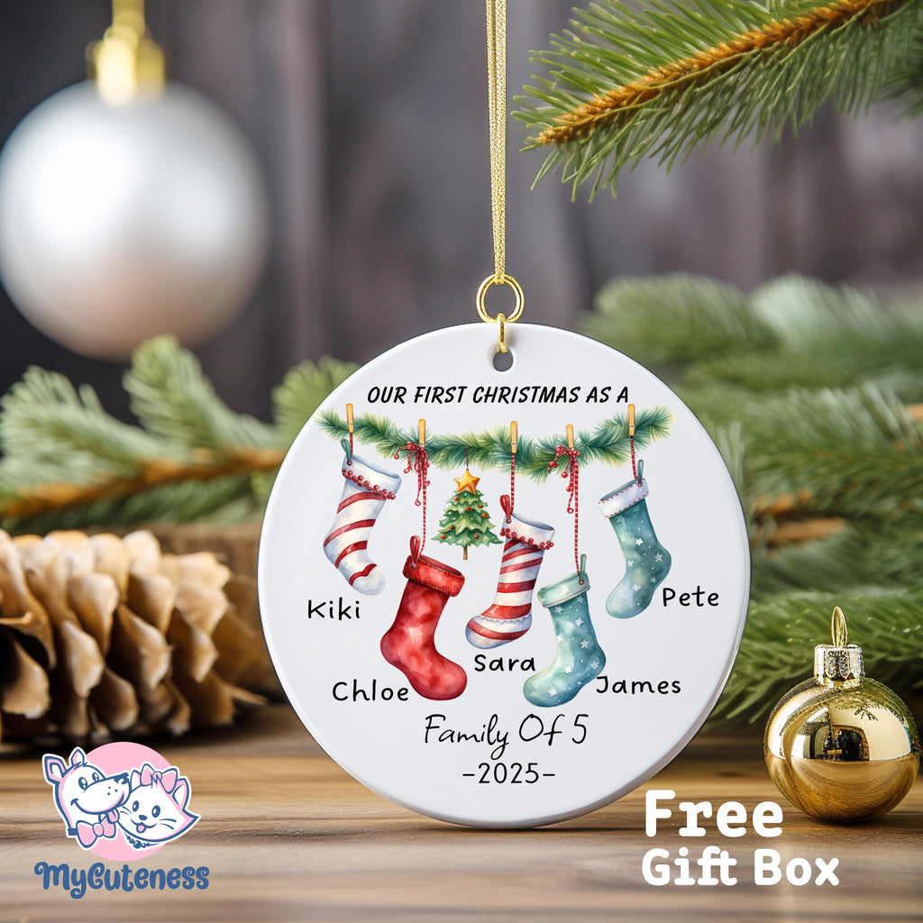 Personalised 2024 First Christmas as a Family of Three Bauble, Custom Family of 5 Xmas Ornament, New Baby, Keepsake Decoration, New Parents