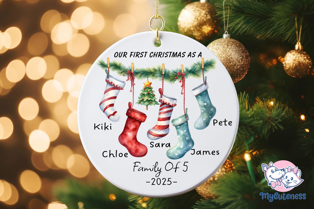 Personalised 2024 First Christmas as a Family of Three Bauble, Custom Family of 5 Xmas Ornament, New Baby, Keepsake Decoration, New Parents