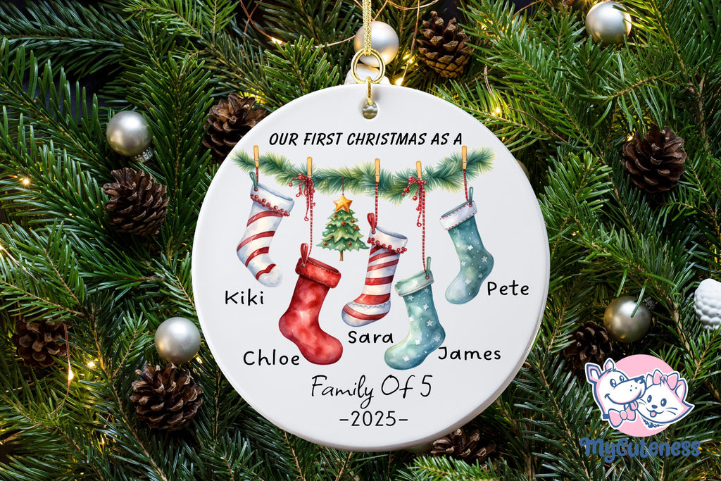 Personalised 2024 First Christmas as a Family of Three Bauble, Custom Family of 5 Xmas Ornament, New Baby, Keepsake Decoration, New Parents