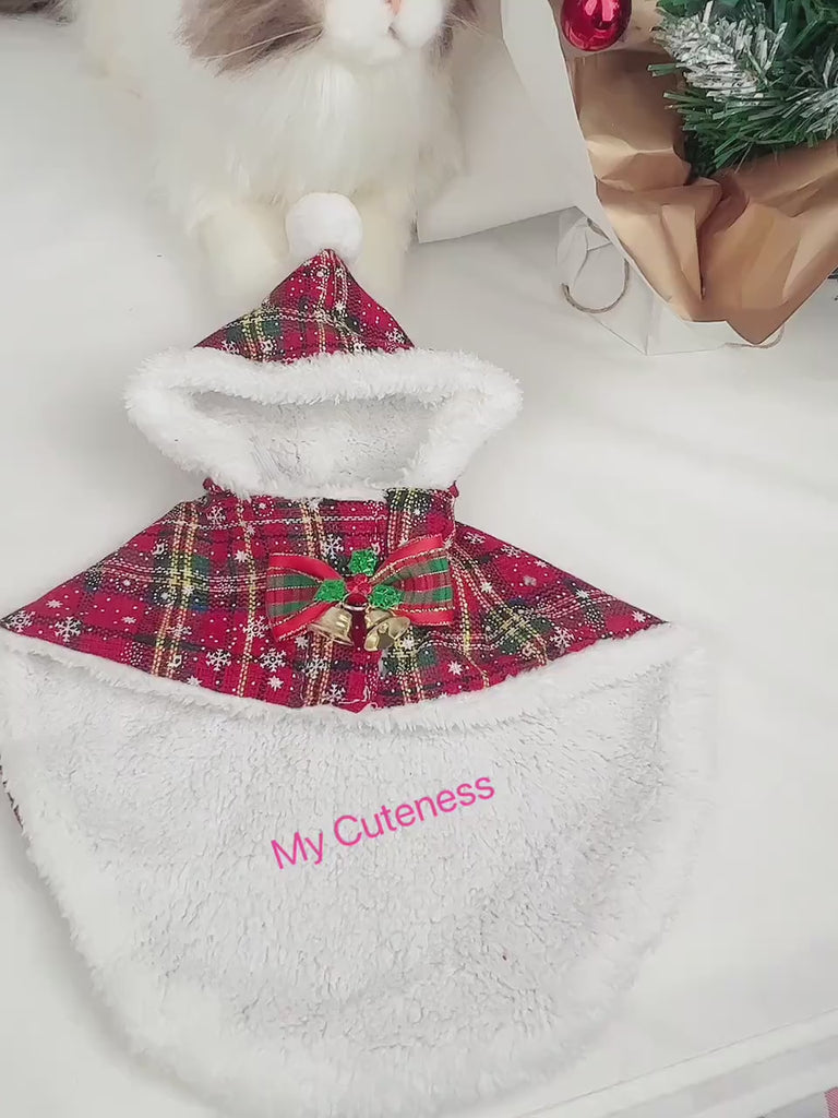 Christmas Santa Outfit Cloak with hat for Cats Small Medium Dogs | Holiday Xmas Costume for Pets |XS ~ XL Winter Coat