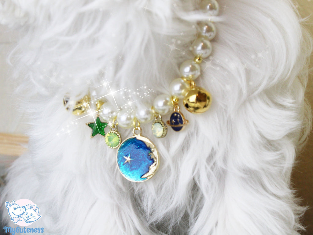 Pear Dog Collar Necklace, Celestial Moon and Stars Necklace, Jingle Bell Charm, Dog and Cat Necklace, Fancy Pet Jewelry, Pet Lover Gift