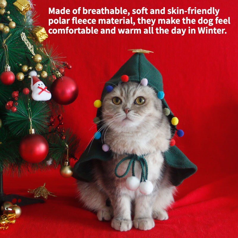 Christmas Dog Costume Pet Cat Cape, Pet Cloak with Star and Pompoms Decor, Holiday Party Cosplay Santa  Apparel for Cats and Small Dogs