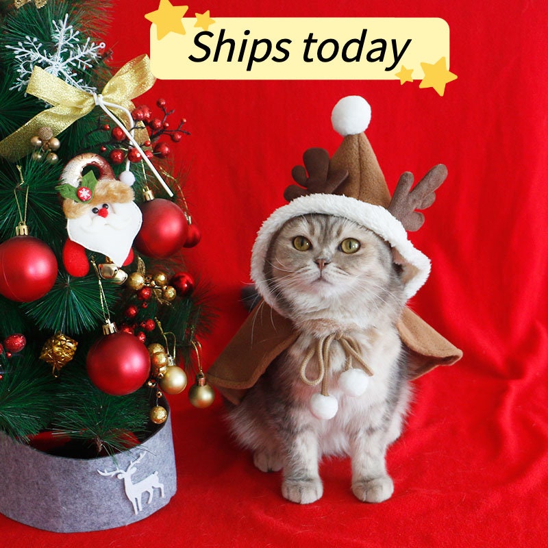 Cat Dog Christmas Outfit Pet Costume Cape, Santa Christmas Cat Clothes Cloak with Xmas Hat, Size S,M,L Funny Christmas Pet Dress Up