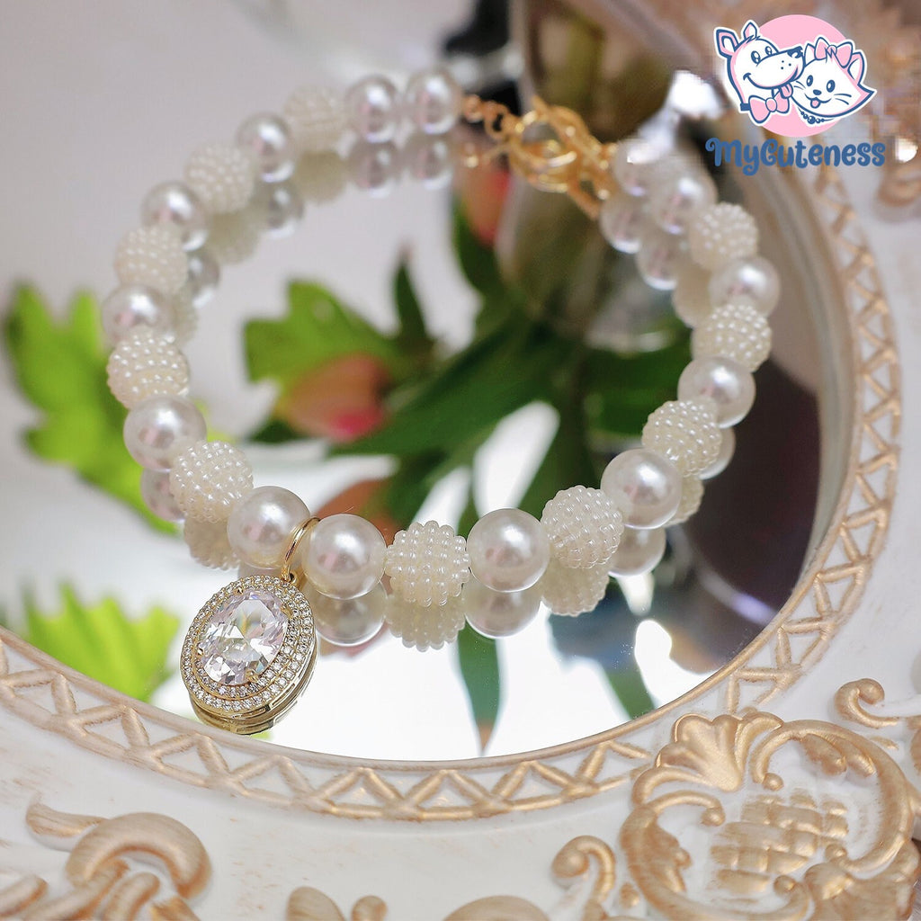 2023 New Princess Pearl Pet Necklace Accessories Pearl Pet Collar Necklace Bling  Elegant White Crystal Gold Rhinestone Accents Puppy Collar