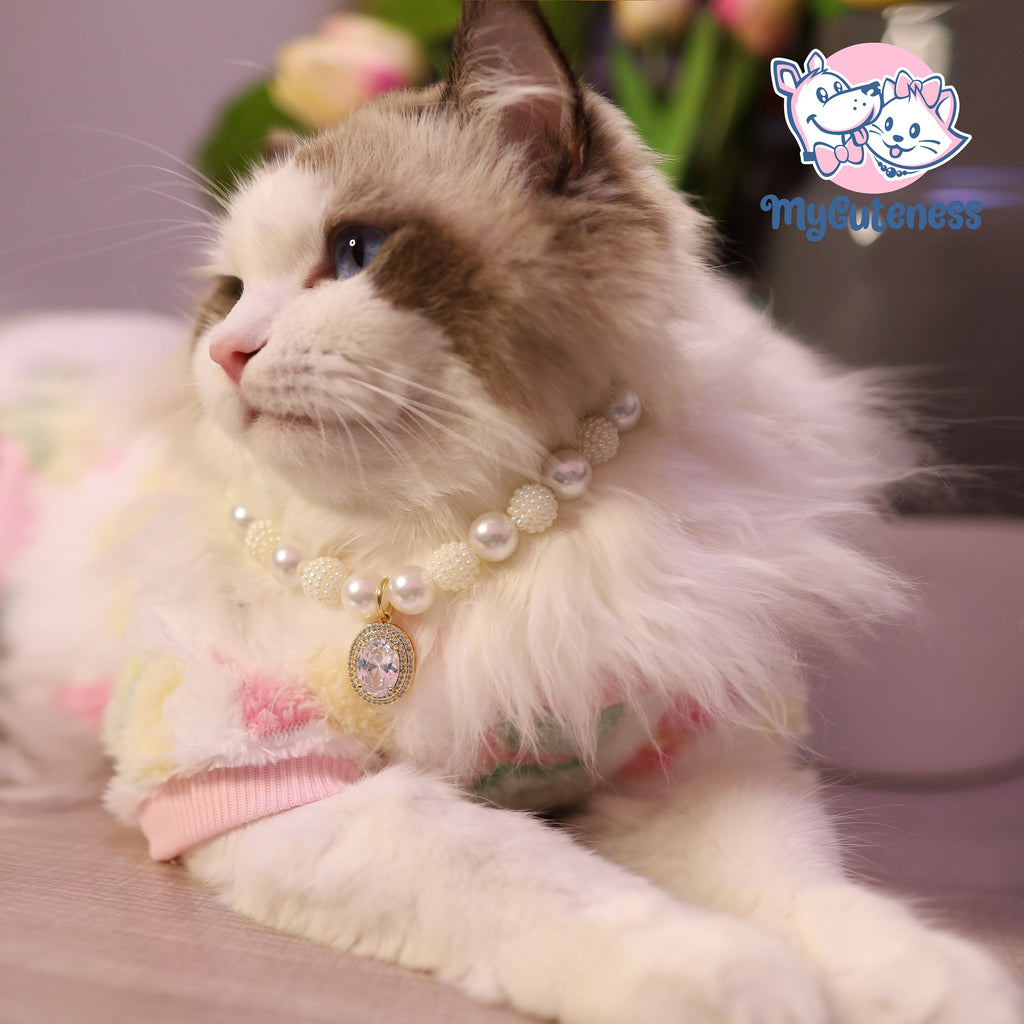 2023 New Princess Pearl Pet Necklace Accessories Pearl Pet Collar Necklace Bling  Elegant White Crystal Gold Rhinestone Accents Puppy Collar