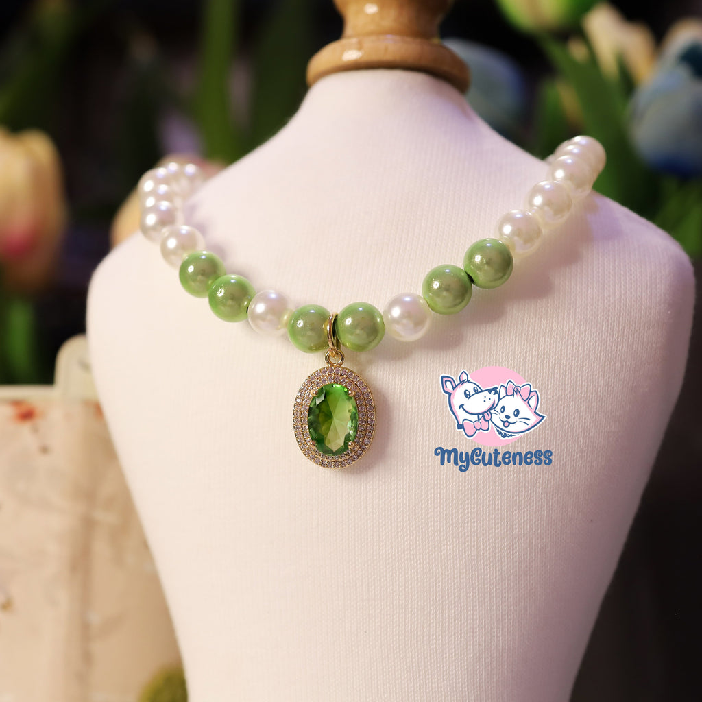 2023 New Green Rhinestone Pearl Pet Necklace Accessories  Collar Necklace Bling  Elegant Crystal  Rhinestone Accents