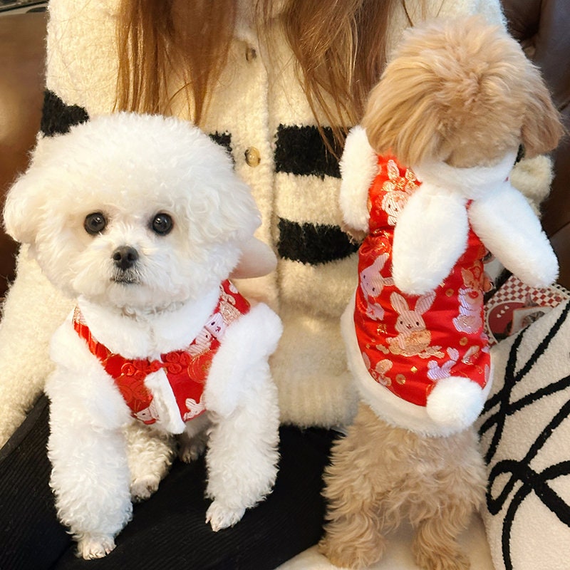2023 New Chinese Year Dog Costume Rabbit Spring Festival Outfit Oriental Tang Suit Pet Winter Clothes Plush Coat Jacket for Puppy Kitten